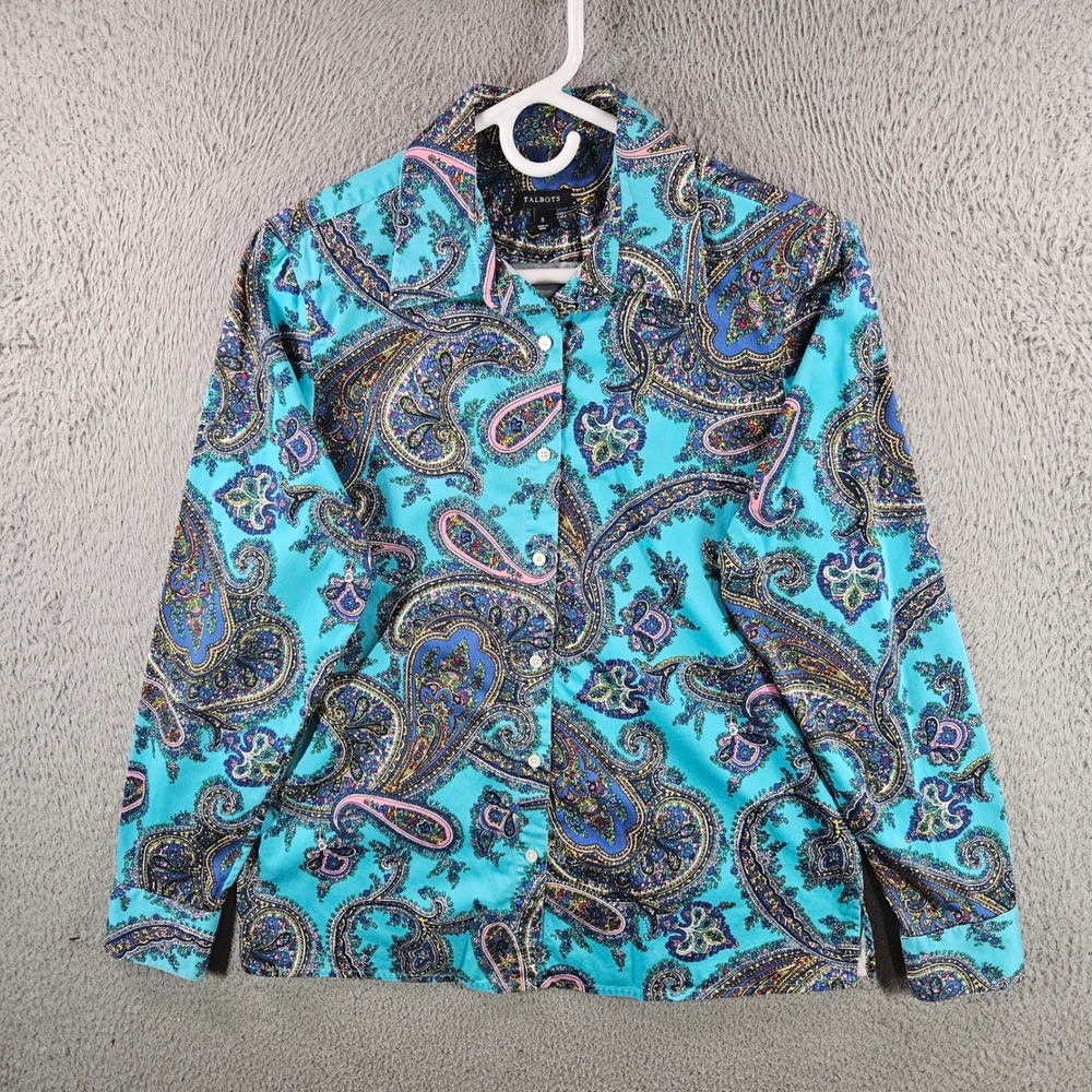 Talbots Womens Small Turquoise Paisley Button Down Shirt Long Sleeve Blouse S